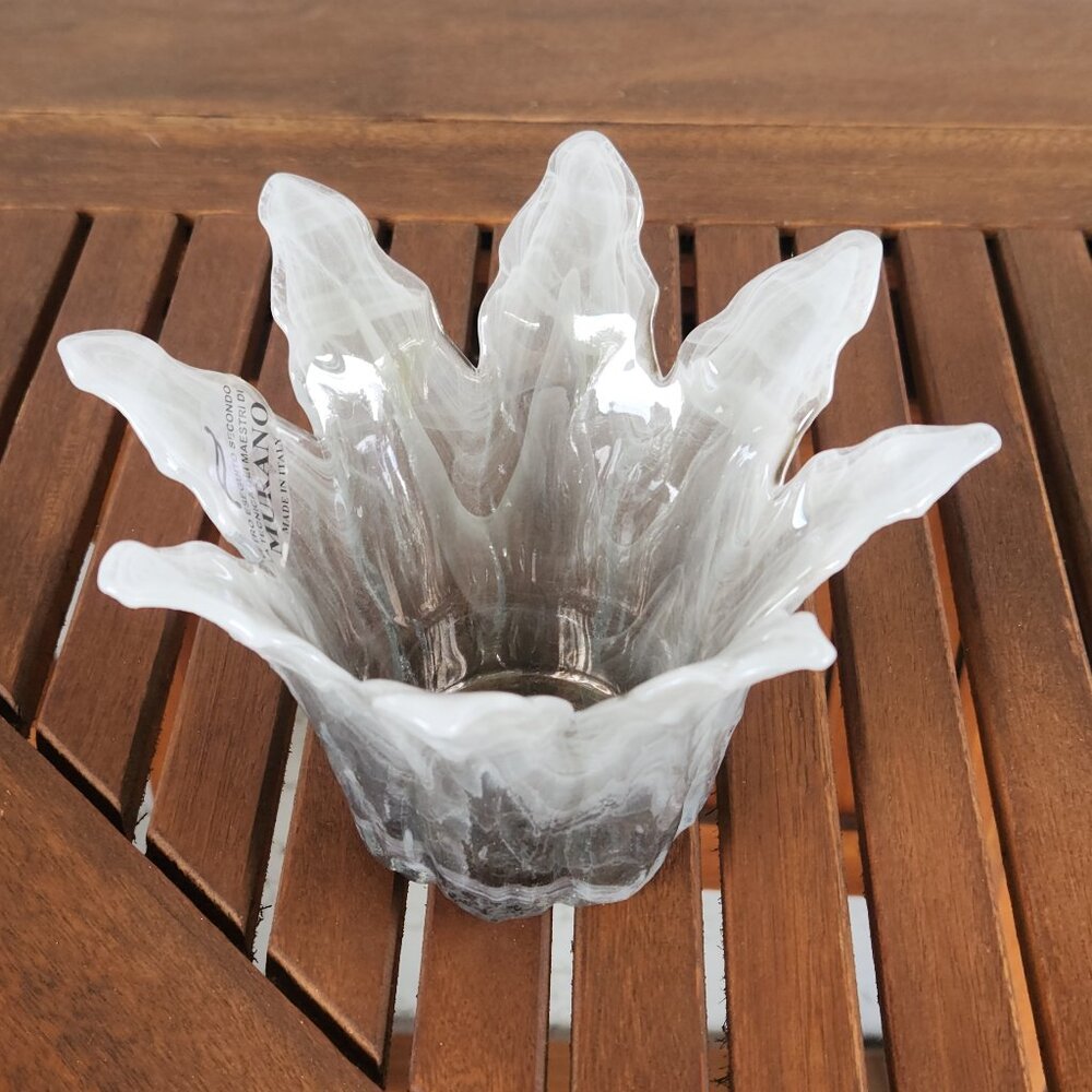 Murano Handblown Glass Candle Holder, 6.25" Wide, Smoky Gray & White, from Italy